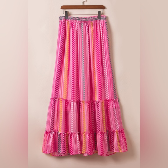 Pink Boho Printed Tasseled Drawstring Ruffled Maxi Skirt - Picture 5 of 10